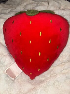 Plush Red Strawberry Decorative Pillow with Green Leaf Accent